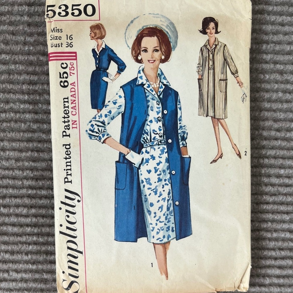 Vintage 1964 Simplicity 5350 Sewing Pattern Misses Dress & Sleeveless Coat Sz 16